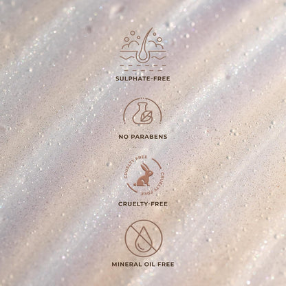 Product label with icons and text indicating sulfate-free, no parabens, cruelty-free, and mineral oil-free on a textured background.