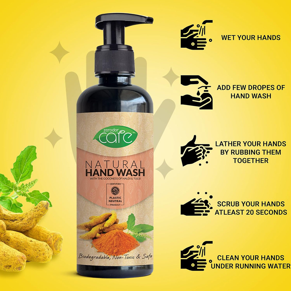 Zerodor Care Natural Hand Wash Liquid | 400ML | (Halid & Tulsi Extracts) Skin Friendly | Natural,Plant Based | Non toxic |