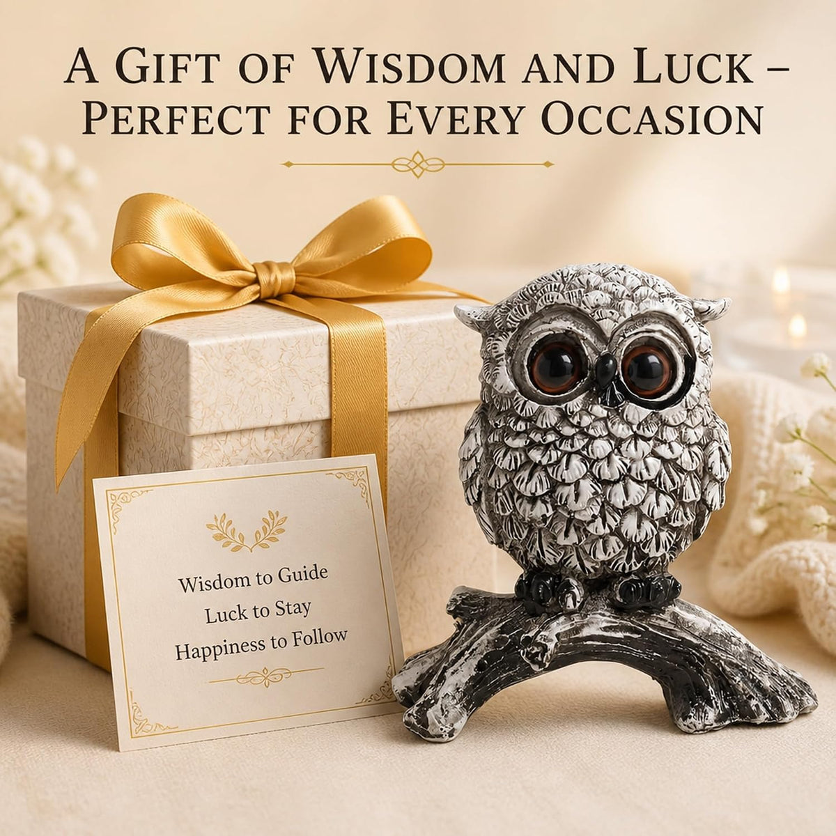 White Owl Figurine on Natural Wood-Look Log, Black & White Owl Statue for Home Office Desk Decor (Small)