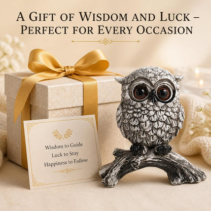 White Owl Figurine on Natural Wood-Look Log, Black & White Owl Statue for Home Office Desk Decor (Small)