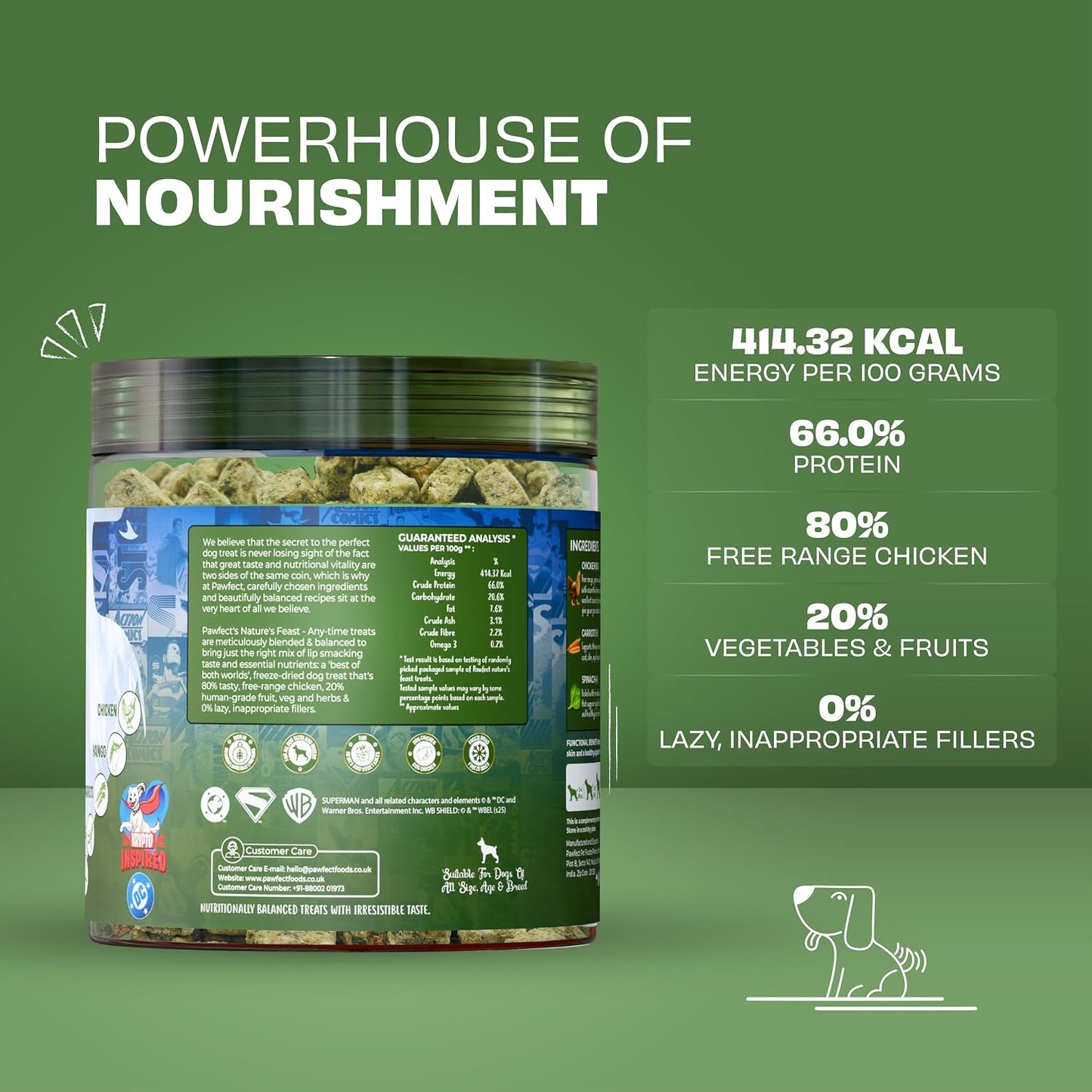 Pawfect Nature's Feast Freeze-Dried Treats with Asian Greens for Dogs | Superman Edition | 80% Chicken, 20% Veggies & Fruits|100% Natural|Grain-Free|High Protein Training Treat (50g/1.76oz)