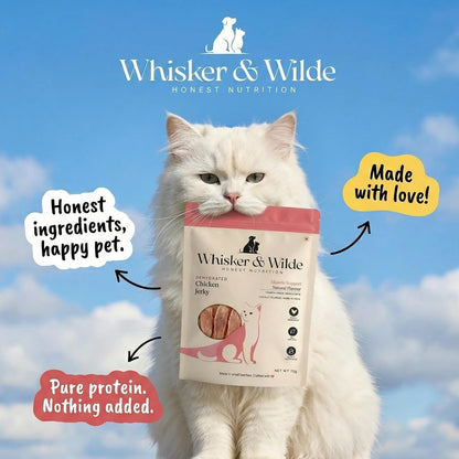 Whisker and Wilde Dehydrated Chicken Jerky | Cat Treats | Dental Chew | Training and Reward | Muscle Support | High Protein | No Preservatives | All Life Stages | 70g