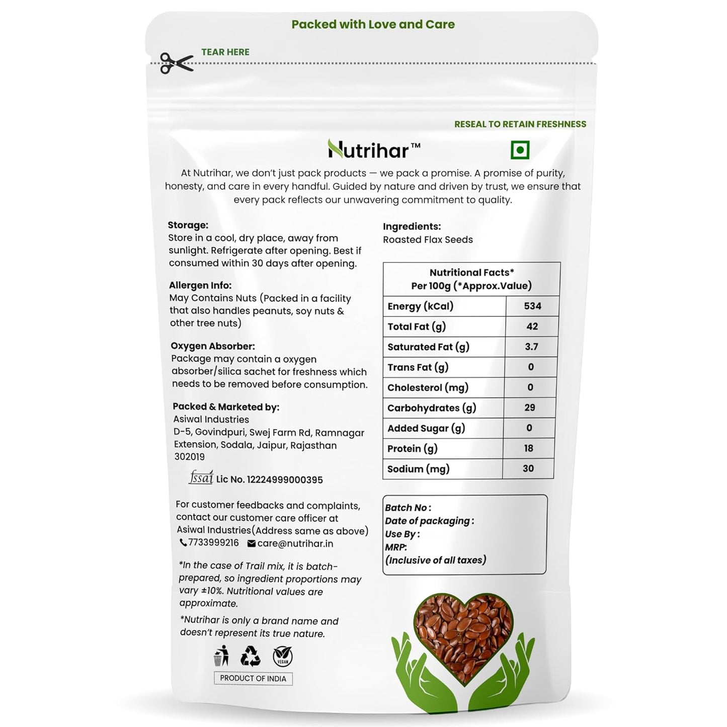 Nutrihar Roasted Flax Seeds 100g | Unsalted & Roasted Alsi Seeds | Omega-3 & Calcium Rich | No Added Oil