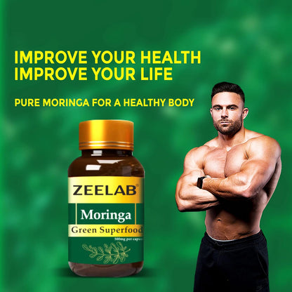 Bottle of Zeelab Moringa supplement with a muscular man on a green background