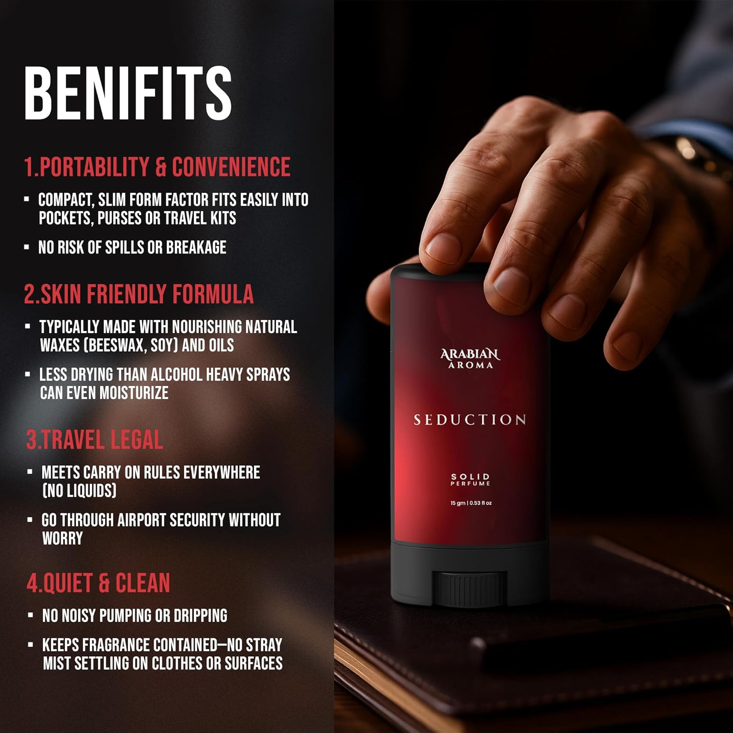 Red solid perfume stick with 'Arabian Aroma' branding and benefits listed on a dark background.