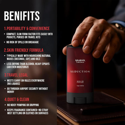 Red solid perfume stick with 'Arabian Aroma' branding and benefits listed on a dark background.