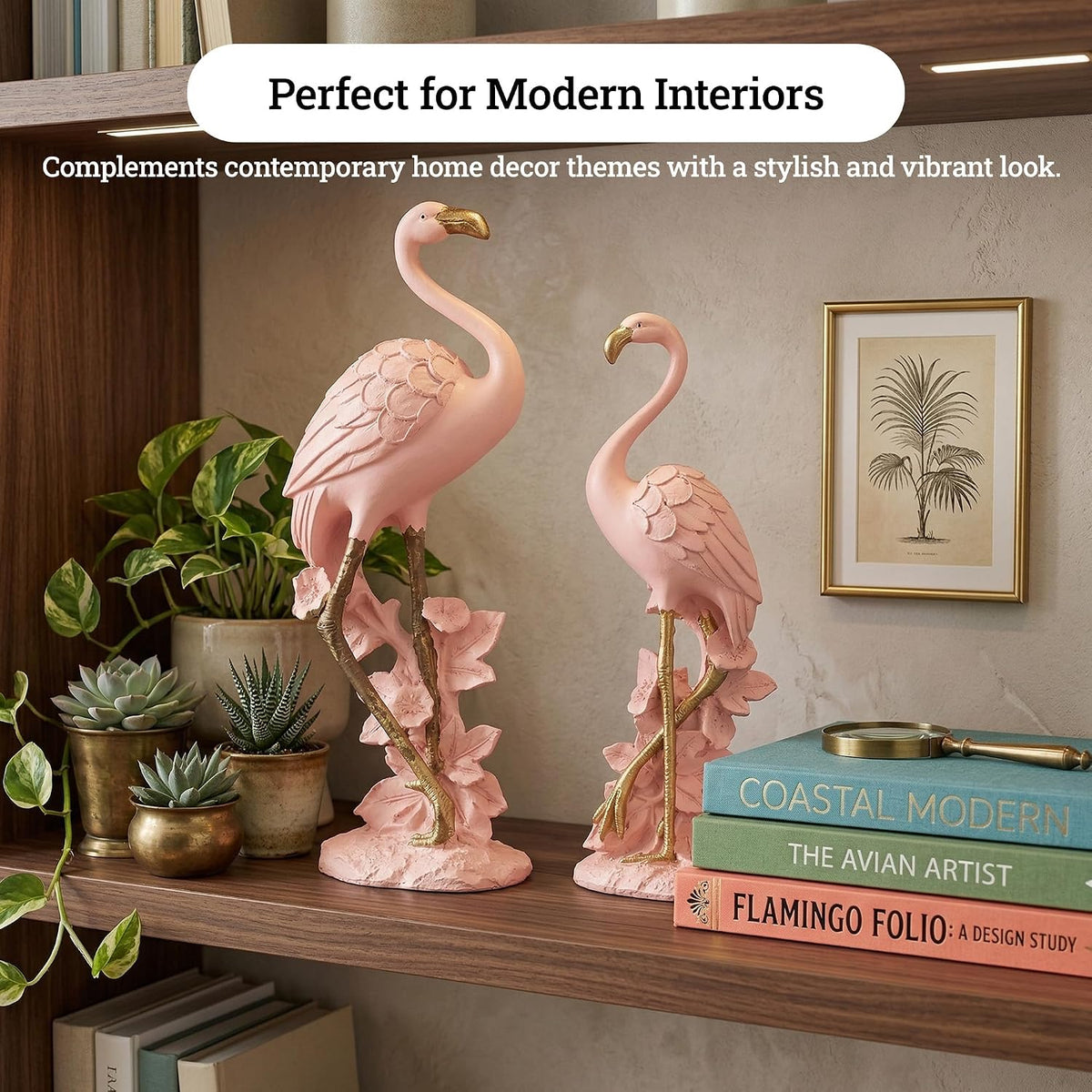 3x9 Inch Flamingo Figurines Idol for Decor & Giffting Item | Set of 2 Resin Loveing Bird Showpiece for Home Decor, Office Table | Pink