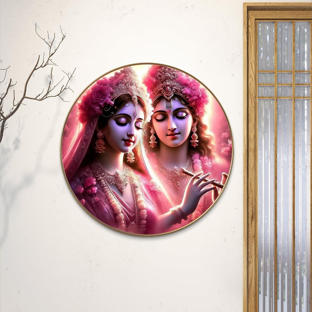 Radha Krishna Round Art Print with Golden Frame | Pink Floral Divine Flute HD Art Print for Living Room Pooja Home Décor 16 Inch x 16 Inch