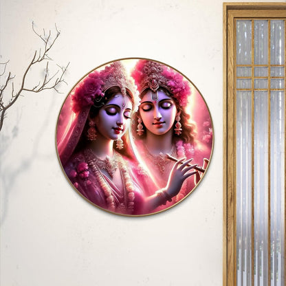 Radha Krishna Round Art Print with Golden Frame | Pink Floral Divine Flute HD Art Print for Living Room Pooja Home Décor 16 Inch x 16 Inch