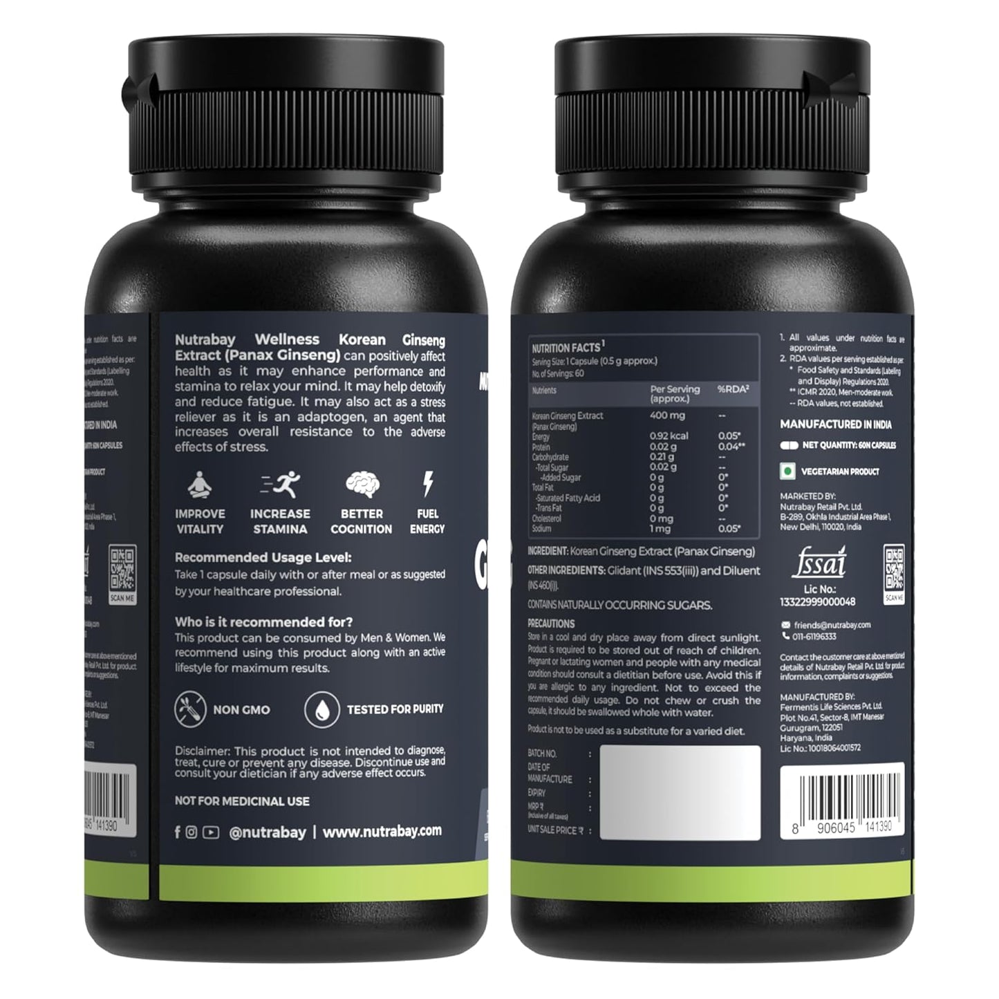 Two black supplement bottles with labels on a white background