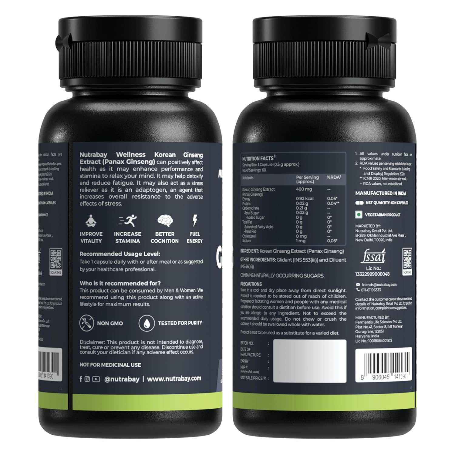 Two black supplement bottles with labels on a white background