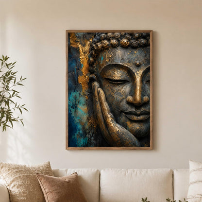 Buddha Face Wall Painting for Living Room Bedroom Hall Office Decor, Peaceful Spiritual Artwork with Sparkle Laminate and Premium Wooden Synthetic Frame (13.5 x 19.5 Inch) NM01-4097
