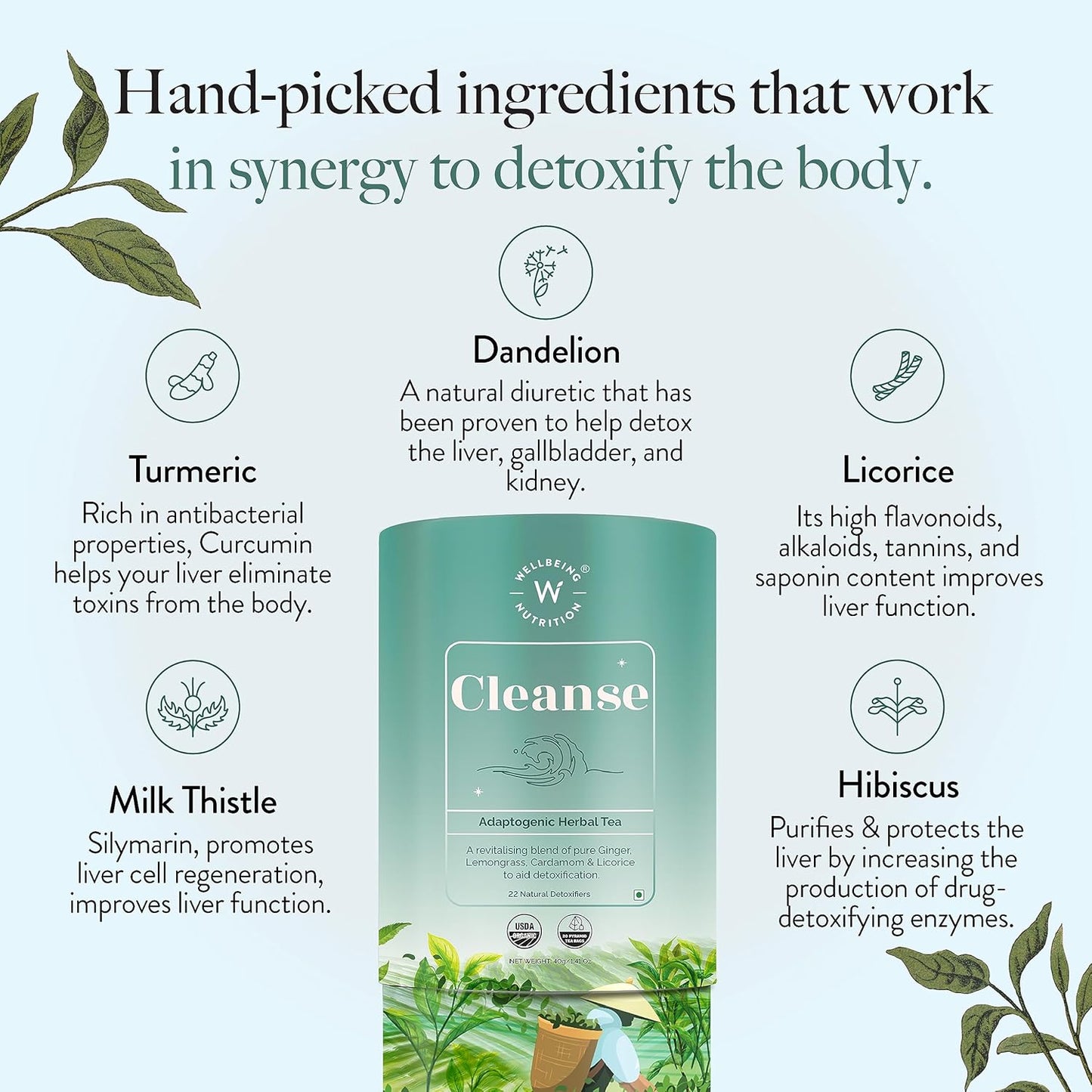 Wellbeing Nutrition Cleanse Tea | Herbal Tea for Healthy Detox, Improved Blood Circulation & Reduced Inflammation | Milk Thistle, Dandelion, Turmeric, Hibiscus (40 Pyramid Tea Bags)