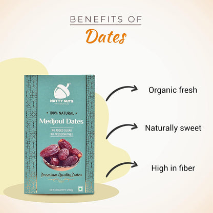 Notty Nuts -FOR A HEALTHY LIFE Medjoul Dates 250 gm| Jumbo Size Khajur/Khajoor | No Artificial Colours | Naturally Sweet | Premium dates dry fruits (Pack of1)