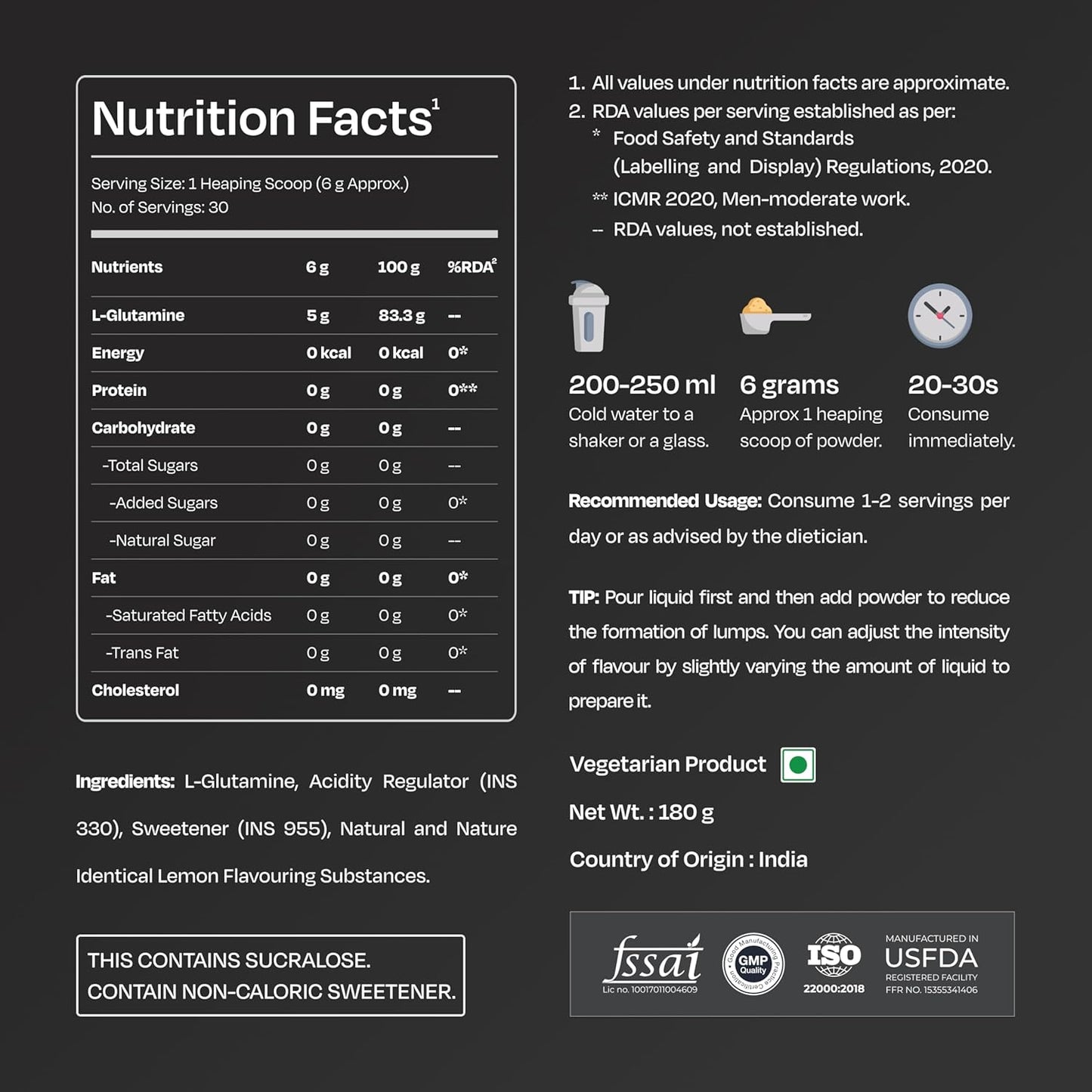 Nutrition facts label for a supplement with serving size, calories, and ingredients on a black background.