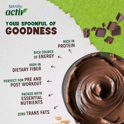 Nutralite Activ Peanut Spread – Chocolate Creamy with 20g protein per 100g, No preservatives, Gluten free, Zero trans-fat, High Dietary Fibre, With dark choco chips, 1kg Jar