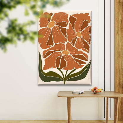 Framed Terracotta Floral Canvas Wall Art – Modern Abstract Flower Print with Green Leaves | Boho Botanical Artwork for Living Room, Bedroom, Kitchen, or Entryway Décor (18 x 24 Inch) CVD-264