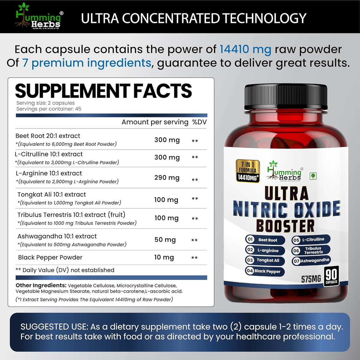 Supplement bottle labeled 'Ultra Nitric Oxide Booster' with supplement facts on a gray background.