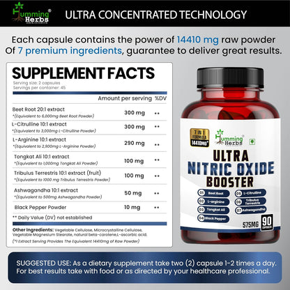 Supplement bottle labeled 'Ultra Nitric Oxide Booster' with supplement facts on a gray background.