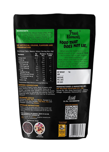 True Elements Muesli Fruit and Nuts 1kg - With Real Fruits & Almonds | 100% Wholegrain Muesli with Oats, Almonds | Real Freeze-dried fruits, Not Candied | Breakfast Cereal | High Fibre & Nutrient-Rich blend