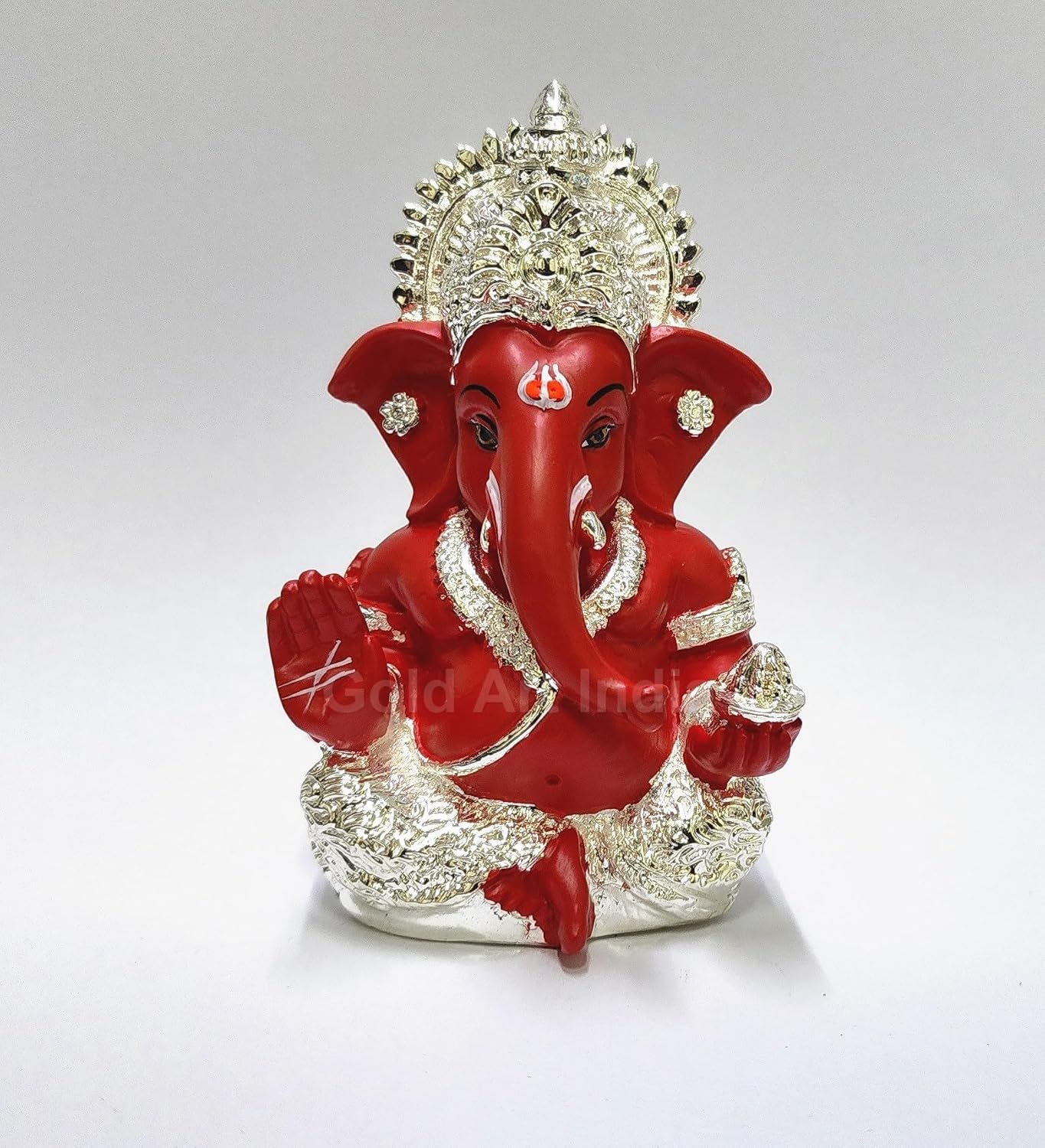 Gold Art India 999 Silver Plated Ganesh Idol for Car Dashboard God Ganesha Idol for Home Decor Ganpati for Gift 3.5 inches (Silver) (MukutSilver red), Idol