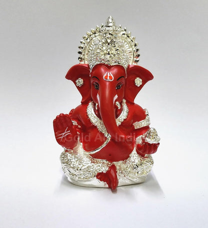 Gold Art India 999 Silver Plated Ganesh Idol for Car Dashboard God Ganesha Idol for Home Decor Ganpati for Gift 3.5 inches (Silver) (MukutSilver red), Idol