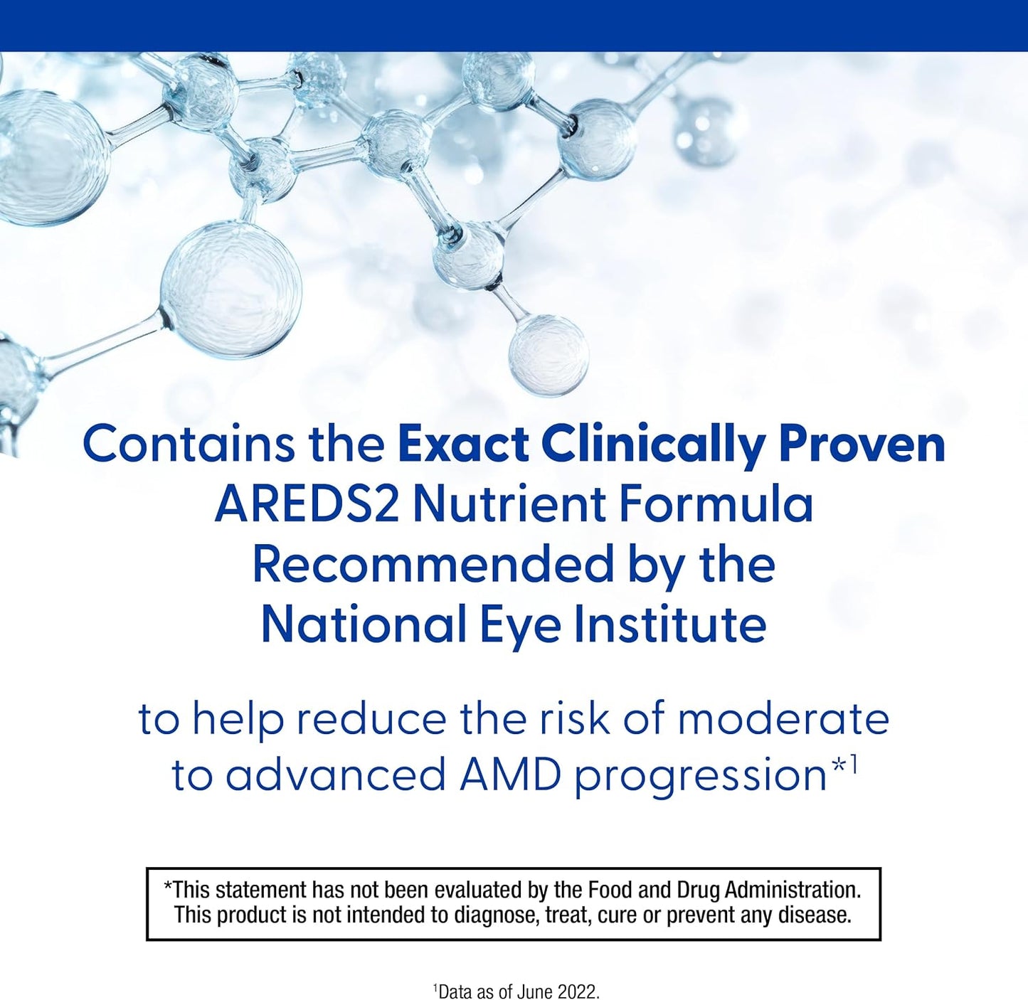 Advertisement for a nutrient formula with molecular structure illustration and text about AREDS2 nutrient formula and National Eye Institute recommendations.