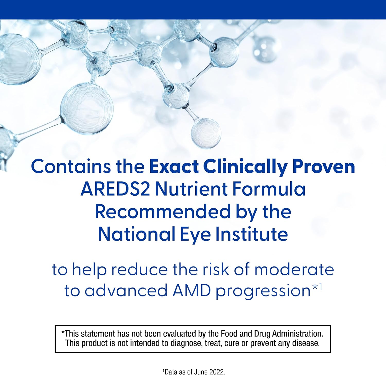 Advertisement for a nutrient formula with molecular structure illustration and text about AREDS2 nutrient formula and National Eye Institute recommendations.