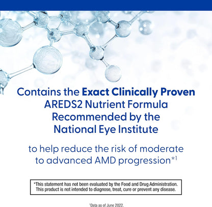 Advertisement for a nutrient formula with molecular structure illustration and text about AREDS2 nutrient formula and National Eye Institute recommendations.