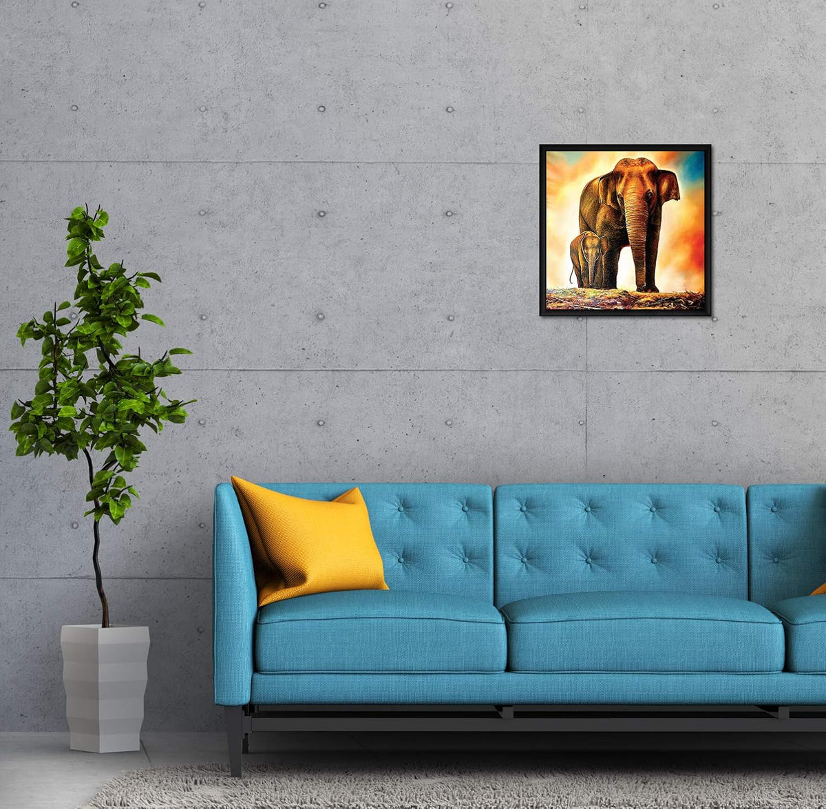 Vastu Elephant and Baby Wall Art Painting, Elephant Painting For Wall Vastu, Multicolor, Wildlife, 13X13 in, Set of 1