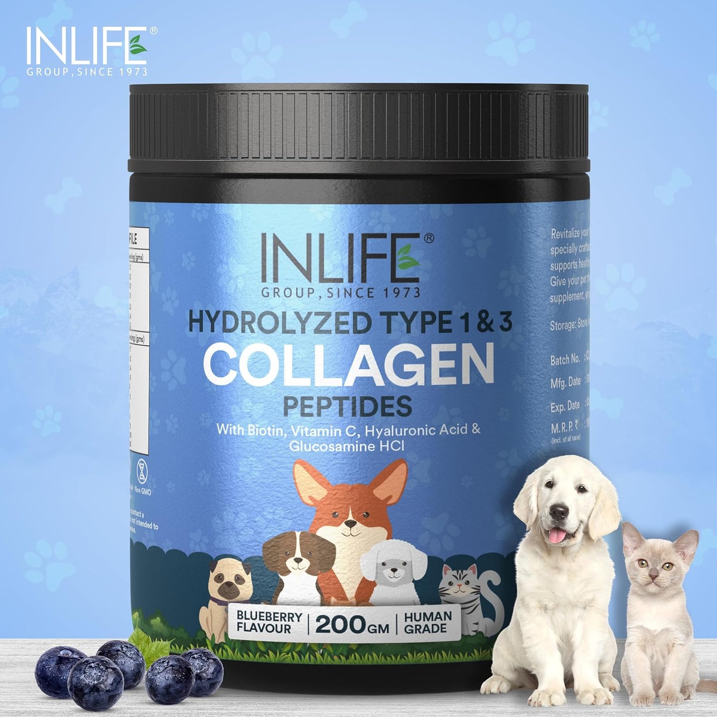 INLIFE Collagen for Dogs & Cats | Hydrolyzed Collagen Powder for Skin, Coat & Joints | Clinically Proven Ingredient with Biotin, Vitamin C, Hyaluronic Acid & Glucosamine | Pet Supplement (Blueberry)