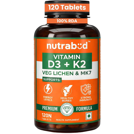 Nutrabud Vitamin D3 K2 MK7-120 Veg Tablets - 600 IU - 100% RDA Plant-Based Vitamin D3 Supplement from Lichen Source with Vitamin K2 as MK7 Menaquinone (Pack of 1)