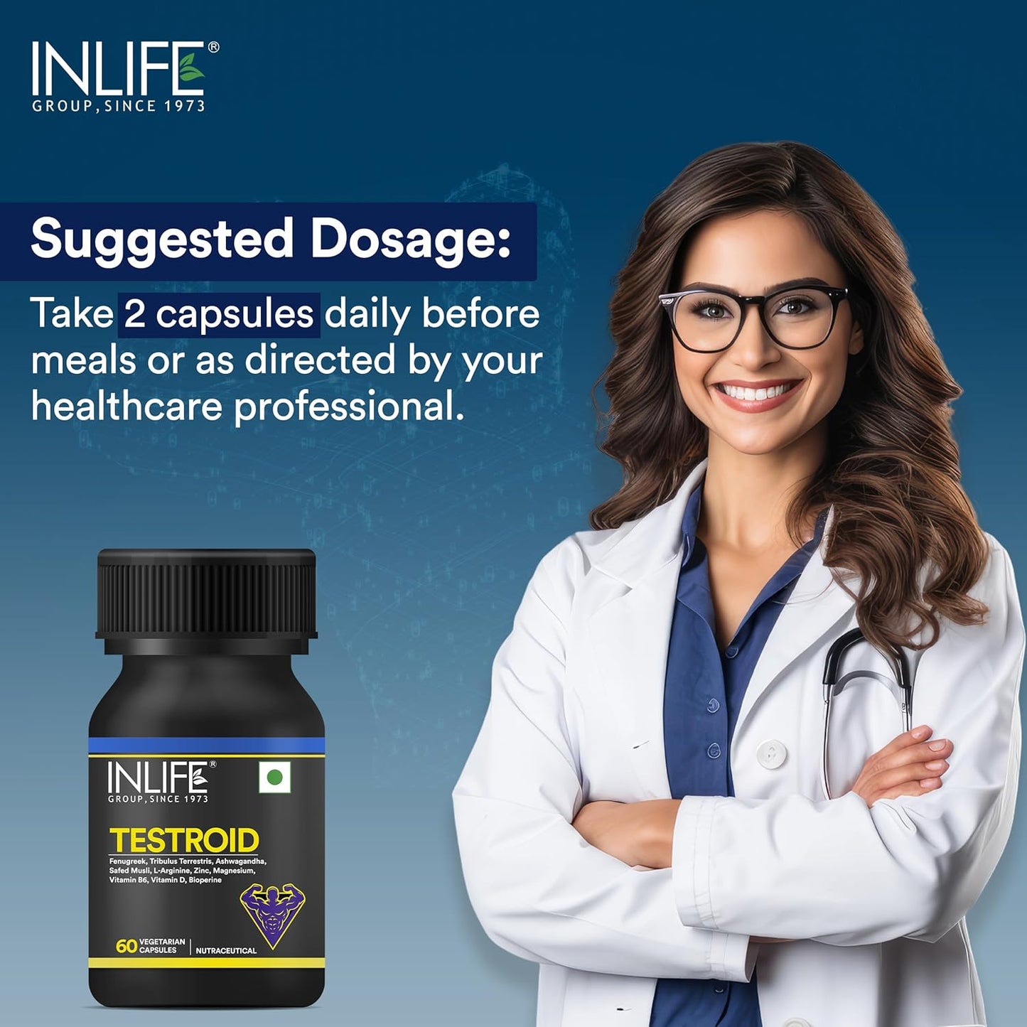INLIFE Testroid Testosterone Support Supplement for Men | Tribulus, Ashwagandha, Safed Musli for Energy, Strength, Stamina & Overall Wellness - 60 Vegetarian Capsules