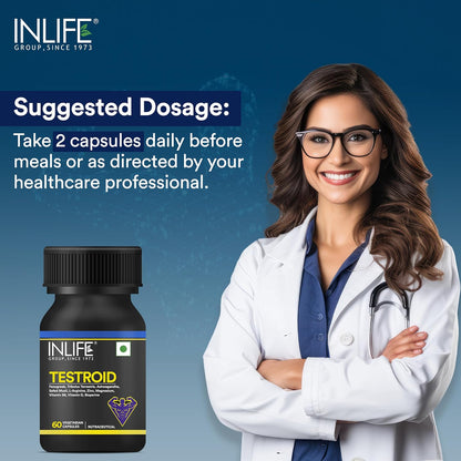 INLIFE Testroid Testosterone Support Supplement for Men | Tribulus, Ashwagandha, Safed Musli for Energy, Strength, Stamina & Overall Wellness - 60 Vegetarian Capsules