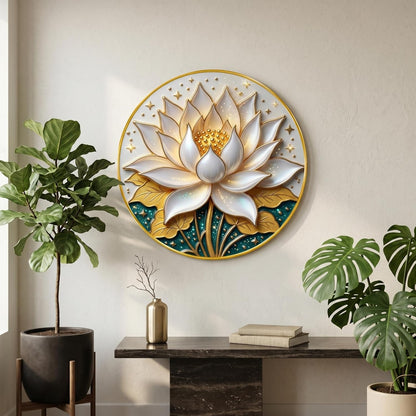 Lotus Flower Wall Painting with Golden PVC Frame Round Floral Wall Art Modern Elegant Decor for Living Room Bedroom Office Spiritual Home Decorative Gift Item (16 x 16 Inch) GRM-354