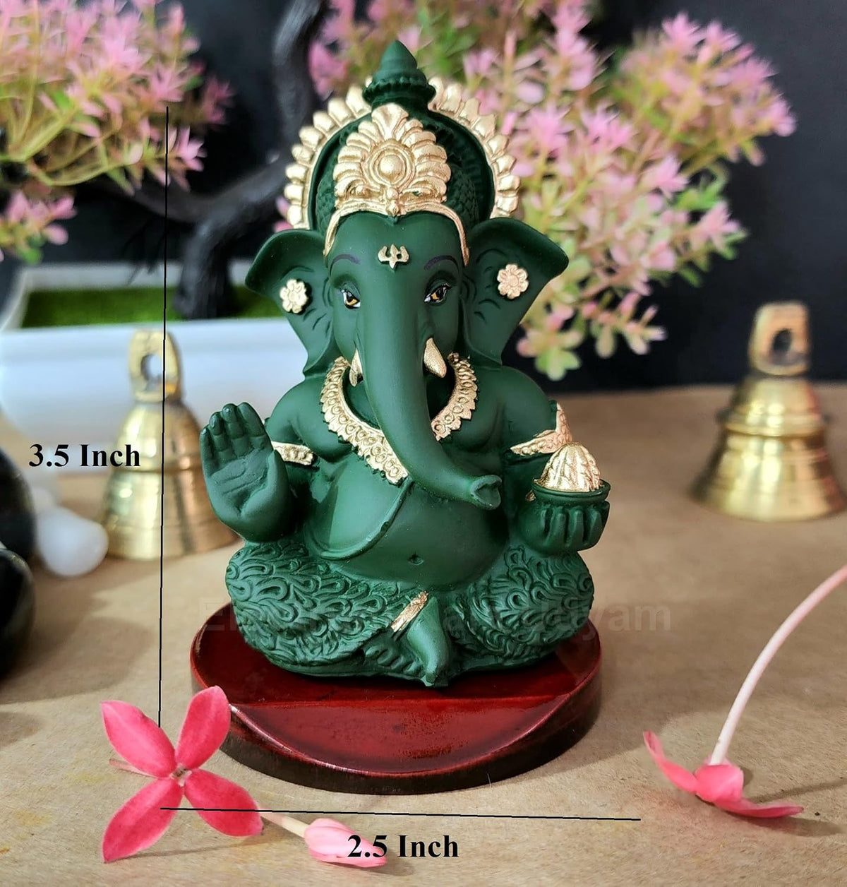 Handcrafted Poly Resin Ganesha Statue with Base - Perfect for Car Dashboard, Office Desk, Shelves, and Home Decor - Ideal Housewarming Gift! (ForestGreenMukut)