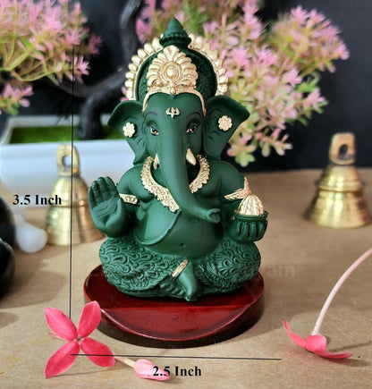 Handcrafted Poly Resin Ganesha Statue with Base - Perfect for Car Dashboard, Office Desk, Shelves, and Home Decor - Ideal Housewarming Gift! (ForestGreenMukut)