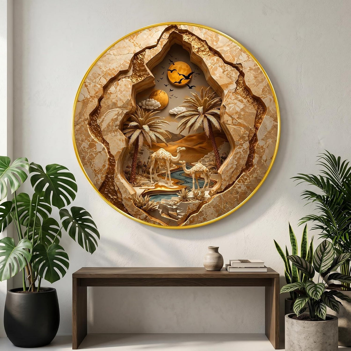 Desert Camel Landscape Wall Painting Round PVC Golden Frame 3D Cave Style Art Sunset Nature Design for Living Room Bedroom Office Home Wall Decor (20 x 20 Inch) GRL-403