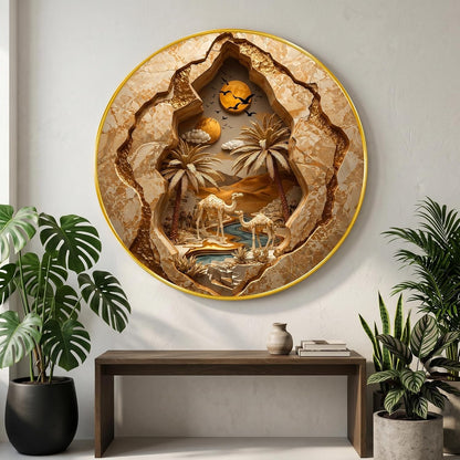 Desert Camel Landscape Wall Painting Round PVC Golden Frame 3D Cave Style Art Sunset Nature Design for Living Room Bedroom Office Home Wall Decor (20 x 20 Inch) GRL-403