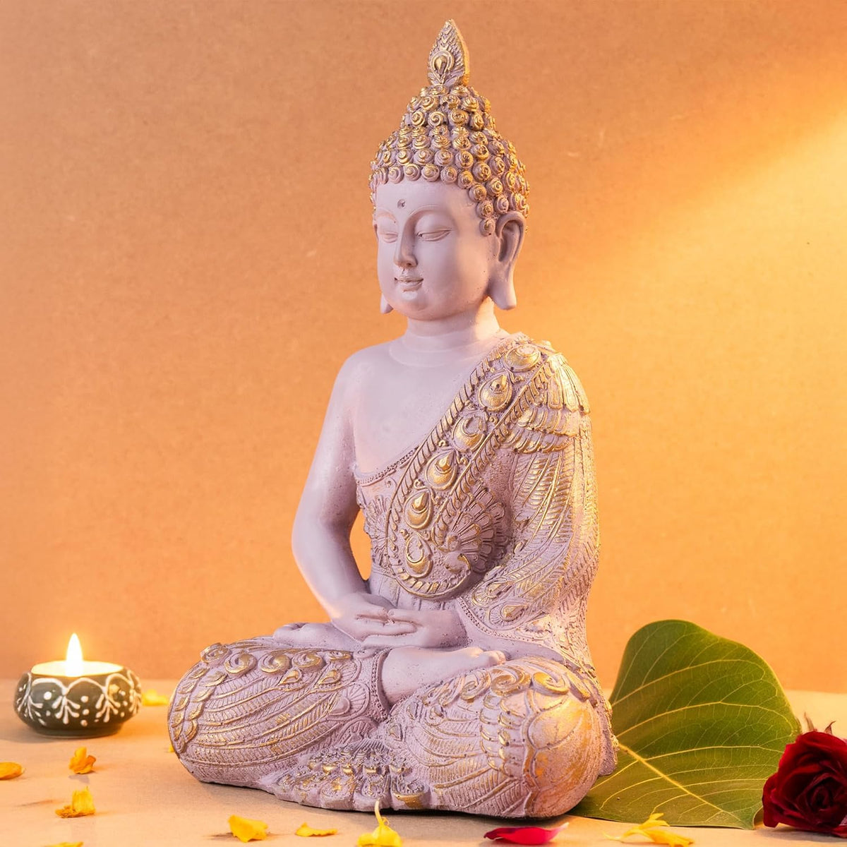 Buddha Idol for Home Decor | White Gautam Buddha Statue Showpiece for Living Room, Office & Temple | Resin Shakyamuni Buddha Figurine | Housewarming Gift (Pink |10 inch)