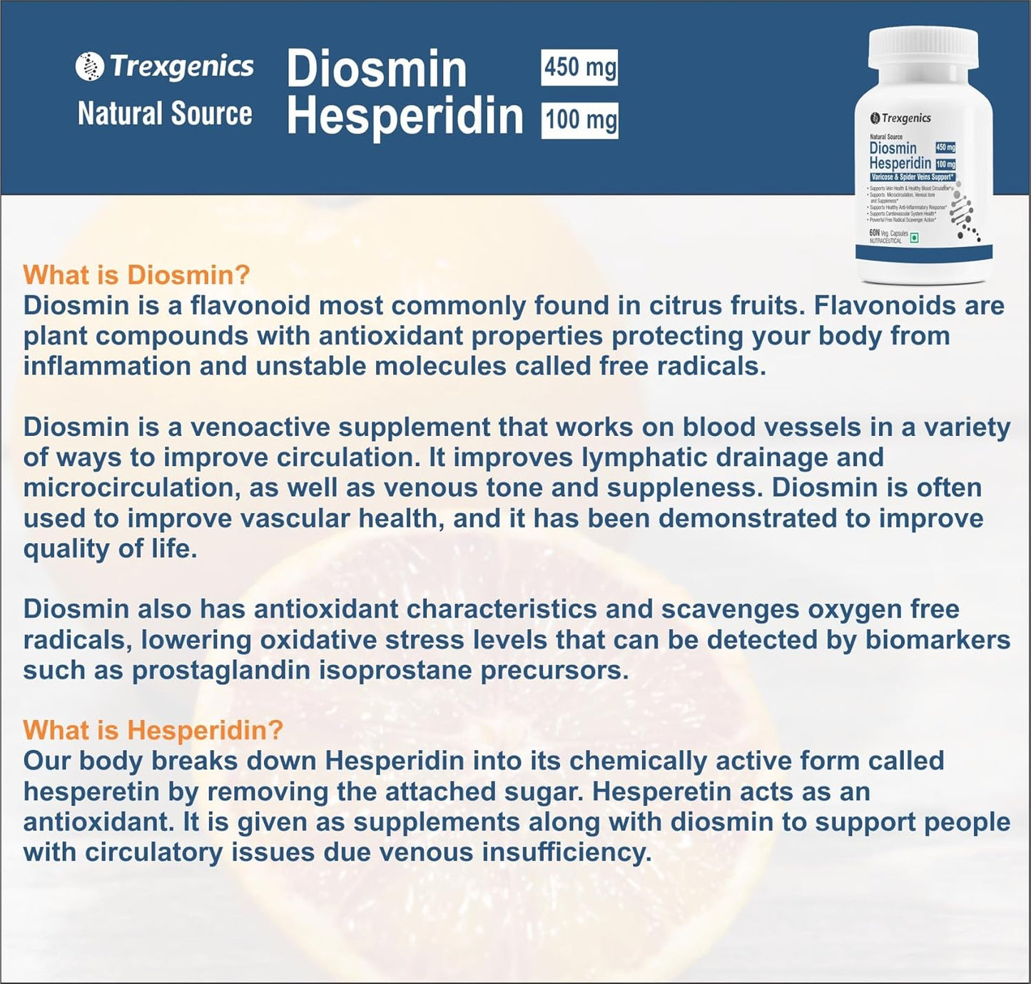 Product packaging of Diosmin Hesperidin with text about the supplement's benefits on a white background.