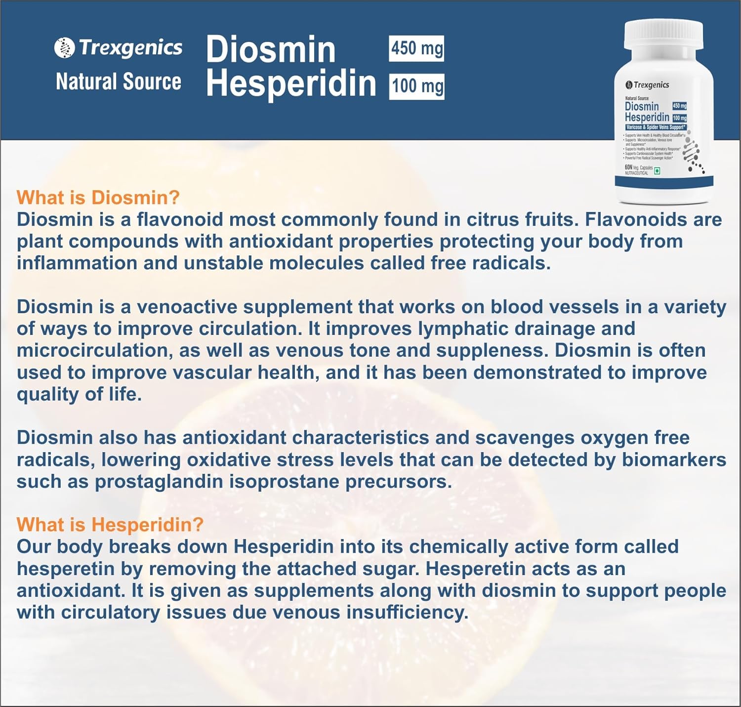 Product packaging of Diosmin Hesperidin with text about the supplement's benefits on a white background.