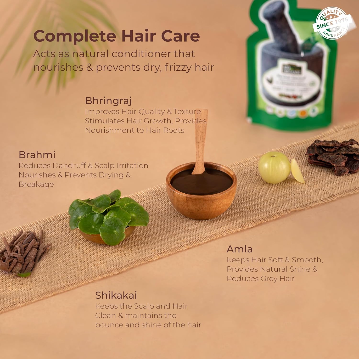 Complete hair care product with ingredients and benefits on a beige background