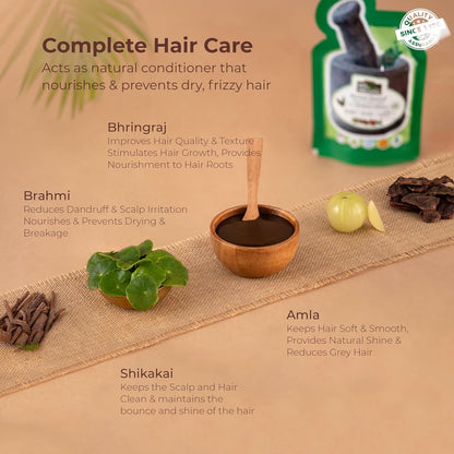 Complete hair care product with ingredients and benefits on a beige background