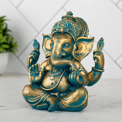 Ganesh ji murti Idol Statue Showpiece Home Decor Items for Living Room and Gifts (Antique Golden Blue)