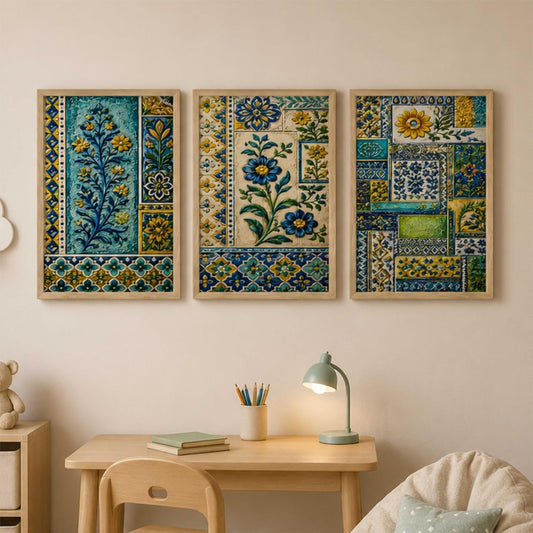 Set of 3 Blue Yellow Floral Tile Wall Paintings for Living Room Dining Bedroom Home Decor with Premium Wooden Color Synthetic Frame (13.5 x 19.5 Inch) NM03-70