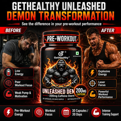 Pre-workout supplement advertisement with 'GetHealthy Unleashed Demon Transformation' before and after effects on a man.