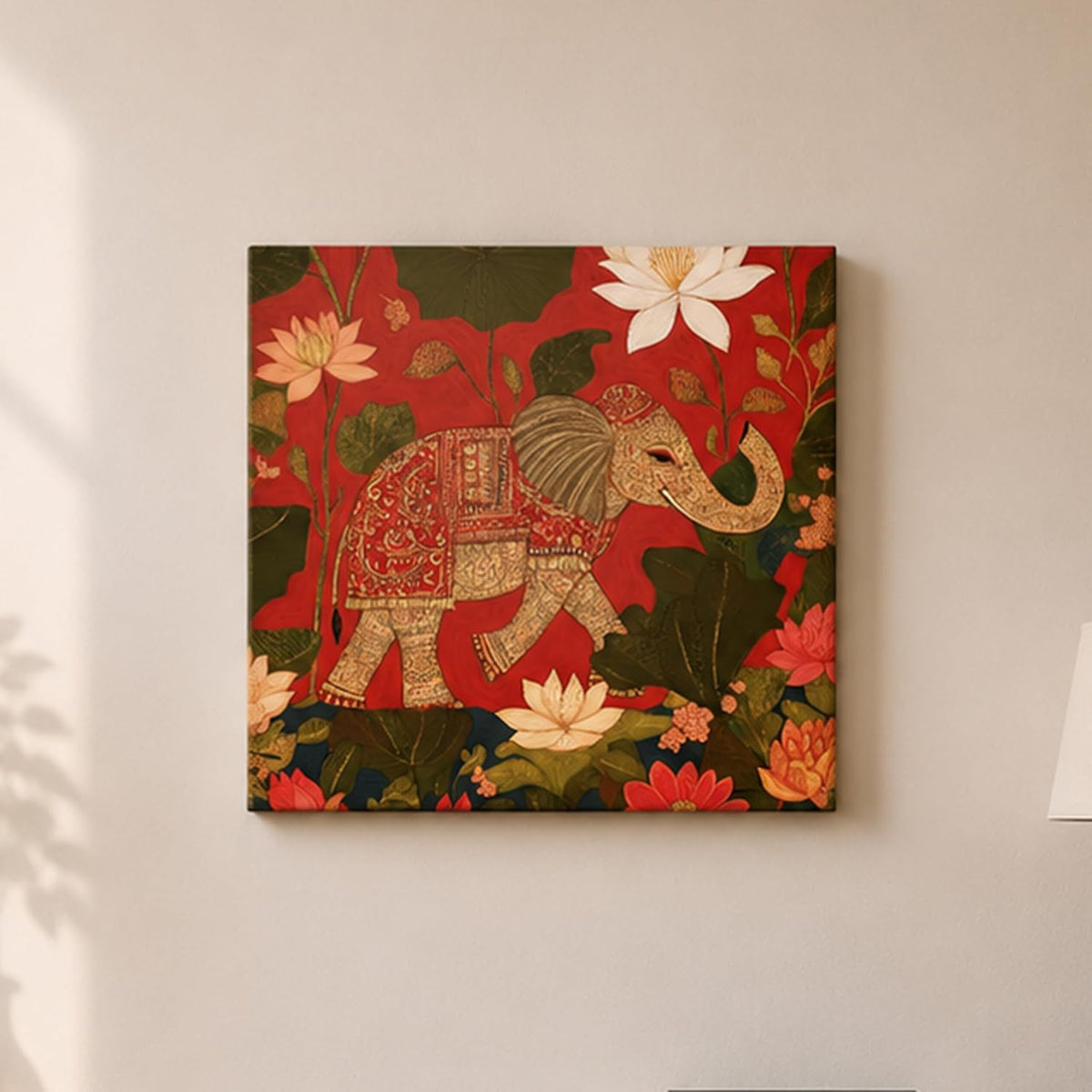 Royal Elephant Lotus Stretched Canvas Painting for Living Room | Traditional Pichwai Elephant Wall Décor Art For Livingroom, Bedroom, Office, Hallways - 16x16 Inch