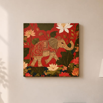 Royal Elephant Lotus Stretched Canvas Painting for Living Room | Traditional Pichwai Elephant Wall Décor Art For Livingroom, Bedroom, Office, Hallways - 16x16 Inch