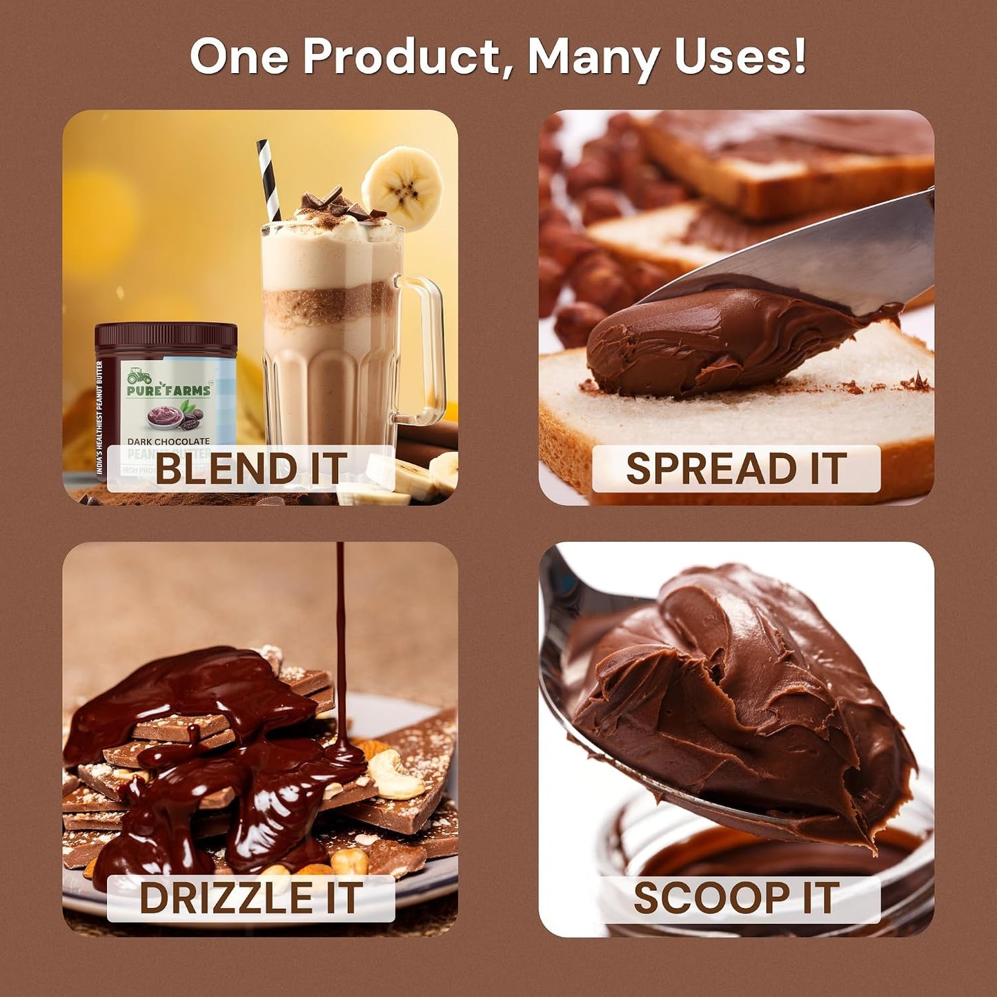 PURE FARMS Dark Chocolate Peanut Butter | Crunchy Chocolate Peanut Butter Spread | 22g Protein, Pure Cocoa | 80% Roasted Peanuts, No Hydrogenated Oil